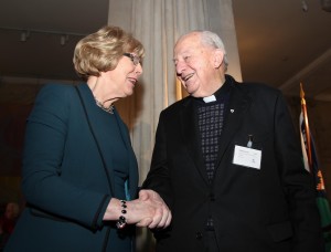 Pic shows Sabina Higgins greeting Fr Michael Sinnott  of the Missionaries of St Columban who was kidnapped and released in the Philippines in 2009. Pic John Mc Elroy.