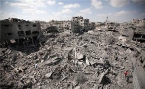 Al Shujaiya neighborhood in Gaza  which was destroyed by Israeli air-land attacks. 