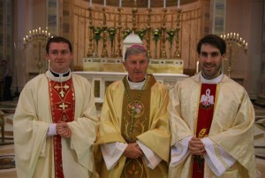 Fr Ciaran Clarke (right) with Bishop Michael Smith and Fr Declan Kelly, also from the Diocese of Meath who was ordained a priest last Sunday.  Fr Clarke was ordained on Sunday at the Cathedral of Christ the King, Mullingar.  It is the second ordination in Meath diocese this month.