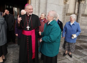 Bishop Kieran O'Reilly SMA who will be the new Archbishop of Cashel and Emly greeting people outside the Cathedral of the Assumption in Thurles Co Tipperary after the announcement of his appointment on Saturday morning. Pic John Mc Elroy. 