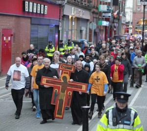 On Good Friday evening the Roman Catholic Archbishop of Dublin Diarmuid Martin and the Church of Ireland Archbishop of Dublin Michael Jackson led a procession through the streets of Dublin from Christ Church Cathedral to the Pro-Cathedral carrying a cross. Pic John Mc Elroy. 