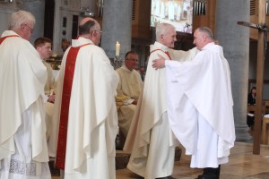 Pic shows newly ordained Fr Seamus O'Rourke being congratulated by fellow priests during the ceremony in St Mel's Cathedral Longford on Sunday. Pic John Mc Elroy. 