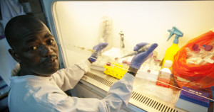 Mamadouba Conté processing samples in the Ebola lab at Donka Hospital in Conakry, Guinea. 