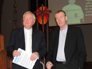 Msgr Byrne and Bishop Nulty at Portlaoise parish meeting on refugees