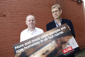 Pictured at the launch of the ALONE 'homeless in all but name' campaign were CEO of ALONE Sean Moynihan and ALONE resident Brendan. Photo: Jason Clarke