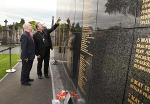 Church of Ireland Archbishop of Armagh Richard Clarke and Roman Catholic Archbishop of Armagh Eamon Martin looking at the Memorial Wall in Glasnevin Cemetery ahead of setting out with thirty pilgrims on the Somme Centenary Pilgrimage. Pic John Mc Elroy.