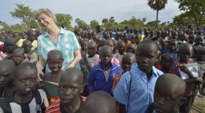 Loreto Sister Orla Treacy laughs as she talks with students in the the Loreto Primary School in Rumbek, South Sudan. Treacy is the school's principal. The school is run by the Institute for the Blessed Virgin Mary--the Loreto Sisters--of Ireland.