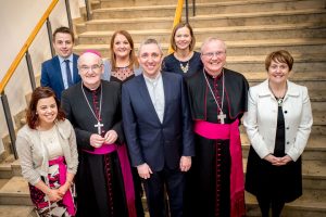 Pope John Paul II Award team. Front L-R: Maura Gerrihy, Archbishop George Stack (Cardiff) , Fr Paul Farren – Award Director, Dr Donal McKeown (Derry) , Therese Ferry. Back L-R: Emmet Thompson, Anne Marie Hickey, Yvonne Rooney.