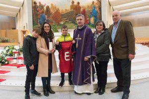 18/12/2016 The family of Anthony Foley his wife Olive and her sons Tony, 11 and Dan, 8 and Anthony's Parents Brendan and Shiela with Fr. Richard Gibbons after a special mass at Knock Shrine, Knock, Co. Mayo. Photo : Keith Heneghan / Phocus