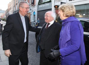 Archbishop Diarmuid Martin greeting President Michael D. Higgins and his wife Sabina on their arrival for the World Day of Peace Mass on 1.1.17. Pic John Mc Elroy. 